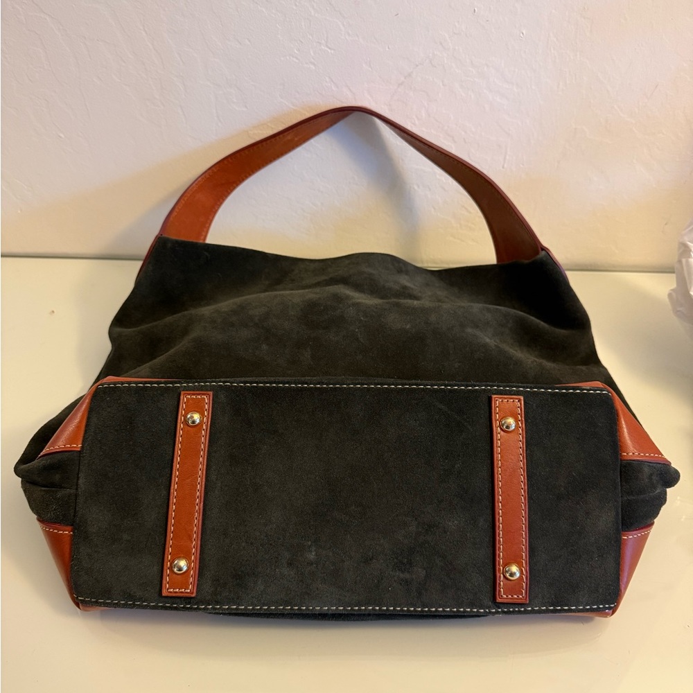 Large Dooney & Bourke Shoulder Bag - Black Suede, Leather accents, Red Interior - Picture 9 of 16